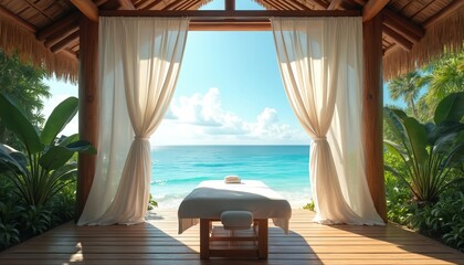 Obraz premium Thai massage hut offers sea view from wooden deck. Open curtains reveal ocean waves. Tropical plants surround spa retreat, creating peaceful zen atmosphere for relaxation.