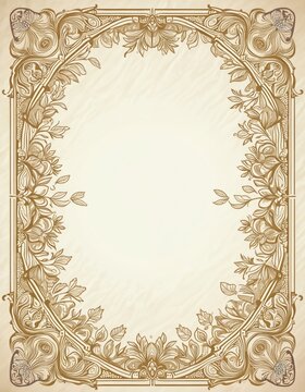 Ornate floral border in art nouveau style. Decorative frame with natural motifs. Elegant design for invitations cards certificates or stationery. Classic vintage ornament with leaves flowers.