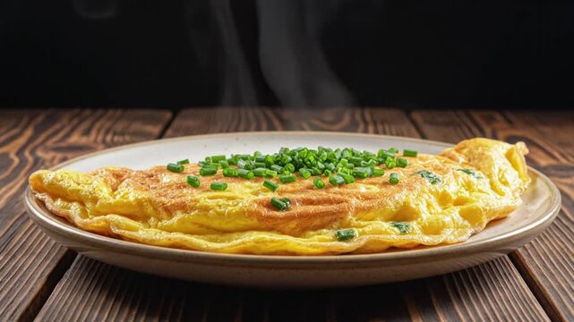 Steaming hot fluffy omelets garnished with chopped chives served on oval ceramic plates