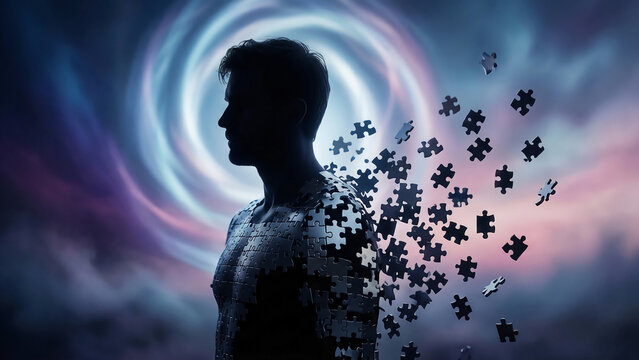 A silhouette of a man whose body is composed of interlocking puzzle pieces that are scattering into a swirling, ethereal vortex of blue and purple clouds.