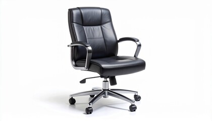 Obraz premium A Modern Black Leather Executive Office Chair with Chrome Accents and Wheels on a White Background