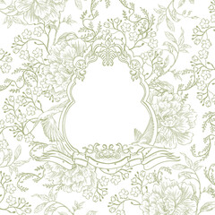 Obraz premium Vintage Toile de Jouy card with Peonies and leaves.