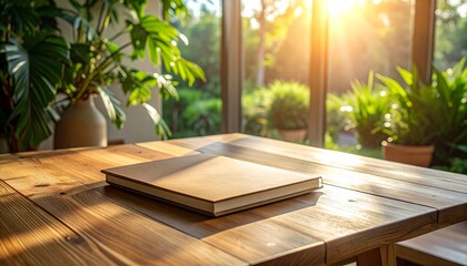 Fototapeta premium Sun-drenched rustic wooden table with a classic book and lush green plants, creating a serene and inviting atmosphere perfect for peaceful contemplation or quiet reading