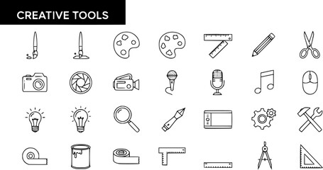 Fototapeta premium Creative Tools Line Art Icons Set for Design, Art, Engineering, and Innovation. Black and White Outline Vector Collection of Creative Equipment.