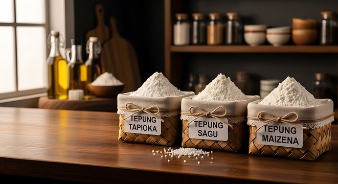 Tiga bungkus tepung tradisional Indonesia tapioka, sagu, dan maizena di meja dapur