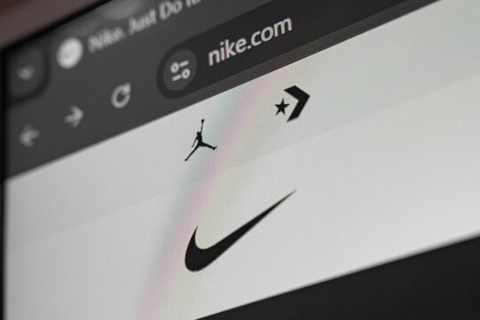 18 April 2026 - Tashkent, Uzbekistan: Close up view of Nike website on digital screen showing logo and browser interface elements.