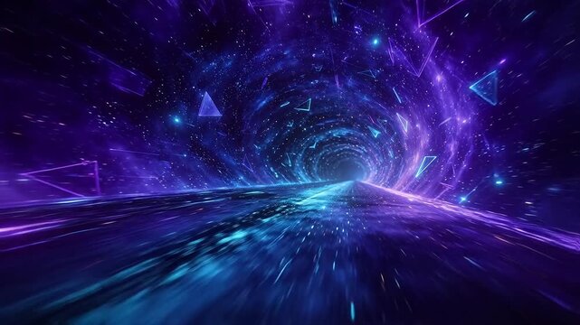Sci-fi space tunnel with stars and glowing geometric shapes
