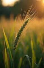 Fototapeta premium Golden wheat stalk grows in sunlit field. Close up on green grain ear against warm sunset light. Agricultural plant in rural farm setting during summer harvest season.