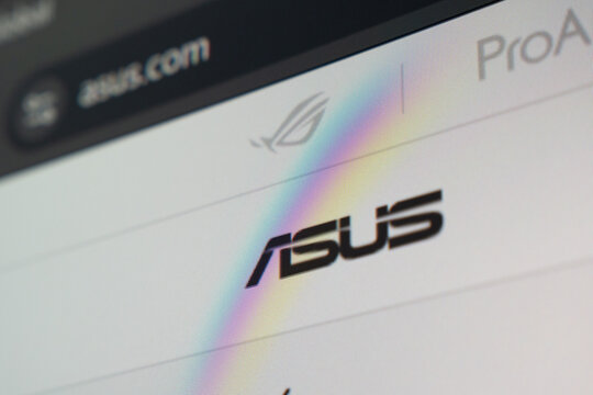 18 April 2026 - Tashkent, Uzbekistan: Close up view of Asus website on digital screen showing logo and interface elements.