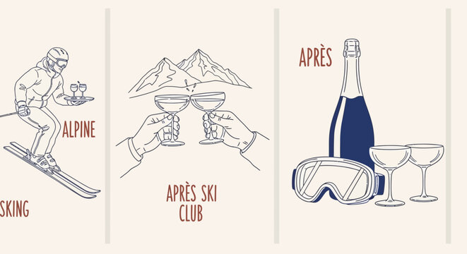 Charming line art illustrations capturing the essence of a luxurious winter ski vacation, from exhilarating alpine descents to joyous apr&egrave;s-ski celebrations with champagne and good company