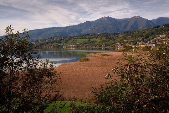 Sunset over Lake Pusiano with mountain reflection and reeds in Lombardy, Italy