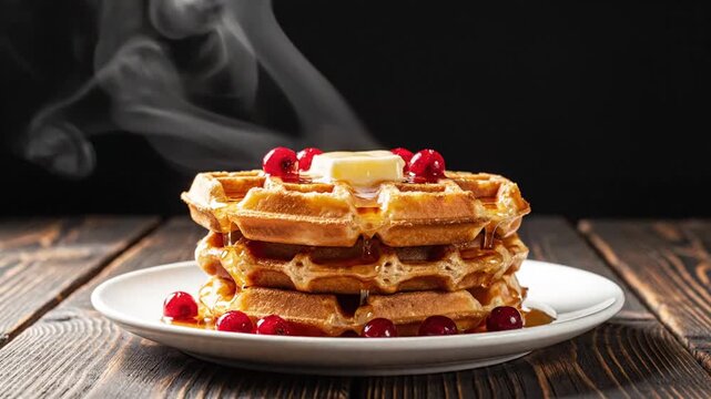 Stack of warm waffles topped with melting butter and fresh berries steaming on a rustic dark wooden table