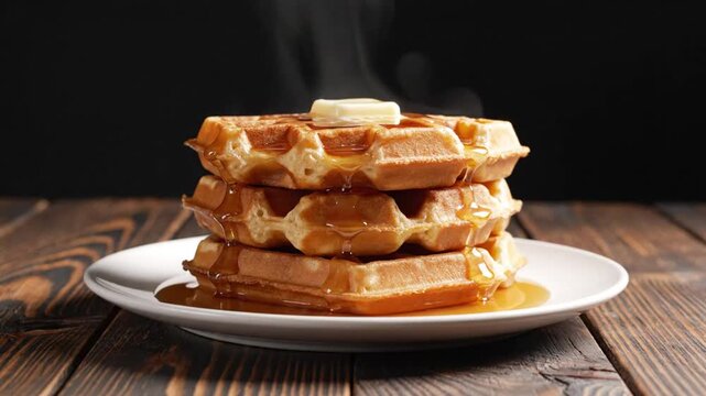 Delicious golden waffle stacks drizzled with rich syrup on a rustic wooden table