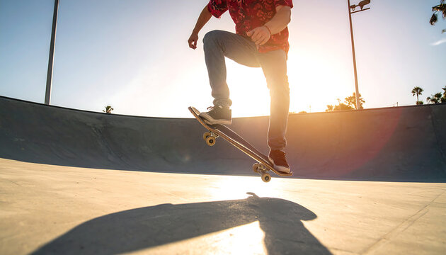 Skateboarder performs mid air trick at skatepark against sunlit transparent background