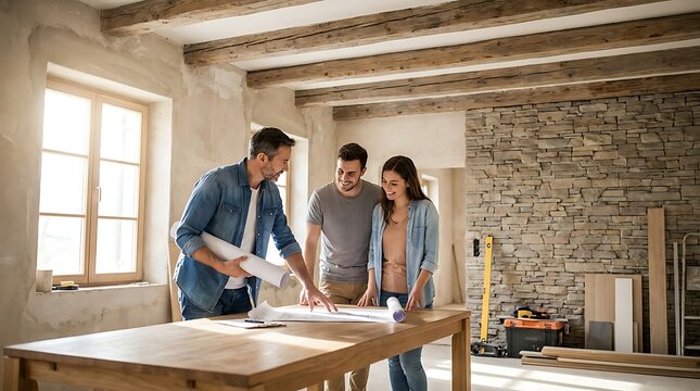 Professional architect showing house blueprints to happy young couple in a rustic home renovation site with exposed stone and wooden beams