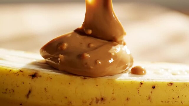 Sequential process of spreading creamy chocolate on sliced banana with detailed close-up shots