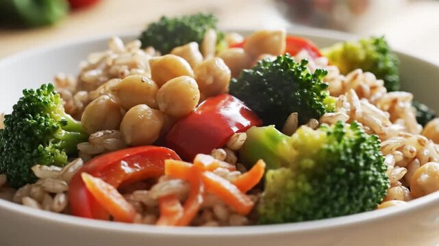 Colorful vegetable fried rice with fresh broccoli cherry tomatoes and chickpeas in a white bowl