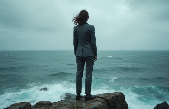 Woman in suit stands on cliff edge facing stormy sea. Wind blows her hair, waves crash on rocks below. She looks out at ocean contemplating future challenges and opportunities.
