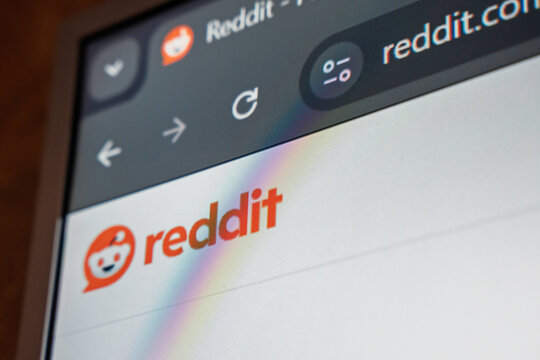 18 April 2026 - Tashkent, Uzbekistan: Close up view of Reddit website on digital screen showing logo and interface elements.