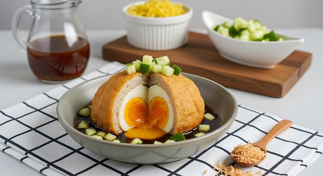 Bolu kukus isi telur dan keju dengan topping bawang daun di piring kuningan