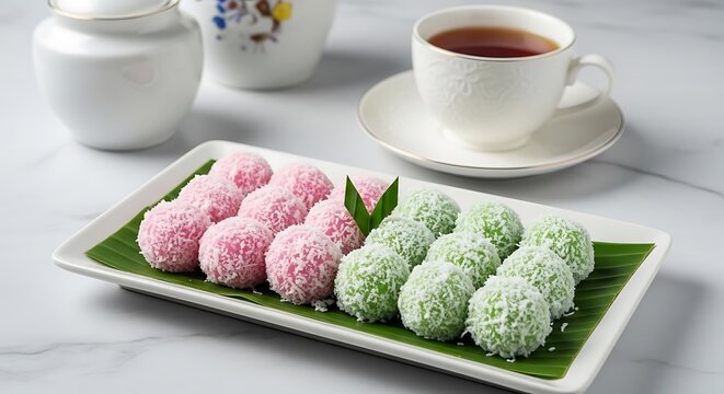 Es campur buah salak mungil berwarna pink dan hijau di atas piring kelapa daun pisang