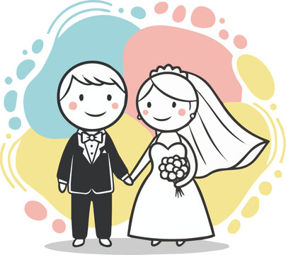 Wedding Couple Doodle Illustration on Pastel Abstract Background
