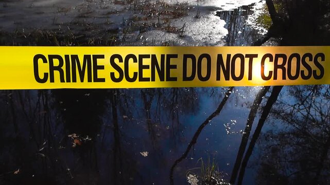 Crime Scene Tape Over a Melting Frozen Lake