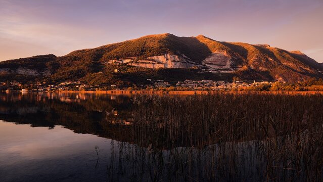Sunset over Lake Pusiano with mountain reflection and reeds in Lombardy, Italy