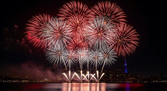 Spectacular canada day fireworks display vibrant reds and whites illuminate the night sky