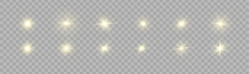 Png set starburst light with sun and wide sunlight rays in golden tones. Sparkle, sparks, bokeh, glitter, shine glow with lens flare and starlight. Intense yellow light covers the background. Vector. © Mirotvoric