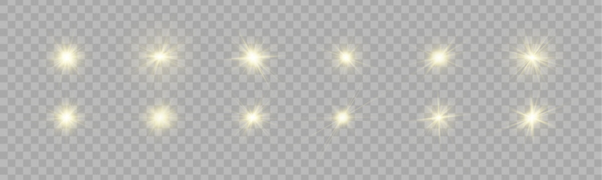 Png set starburst light with sun and wide sunlight rays in golden tones. Sparkle, sparks, bokeh, glitter, shine glow with lens flare and starlight. Intense yellow light covers the background. Vector.