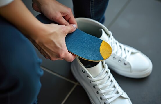 Hands insert blue orthopedic insole into white sneaker. Improve foot arch support and comfort for daily wear or sports. Custom shoe inserts enhance walking and running.