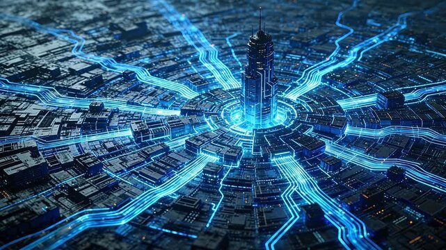 Future smart city with central tower and blue network lines