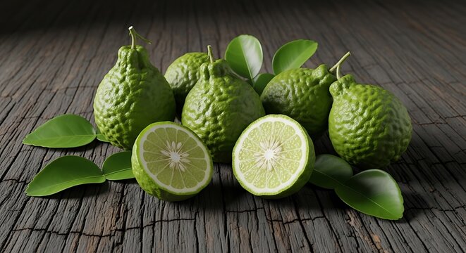 Jeruk purut segar dan cerah di atas permukaan kayu untuk display makanan dan minuman alami