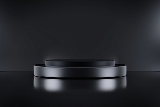 Platform featuring a dark circular stage sits prominently within a dim environment to offer a moody and dramatic setting for showcasing high-end luxury items or sleek technology products.