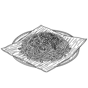Handdrawn of Noodle on Banana Leaf