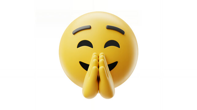 Yellow 3d emoji face with closed eyes and hands pressed together in a prayer or thank you gesture