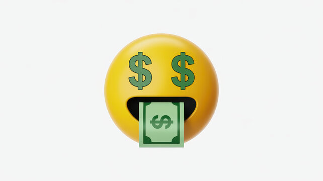 Yellow emoji face with dollar sign eyes and money in mouth on a transparent background