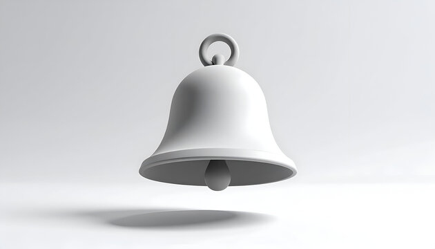 A pristine, white bell with a hanging loop is elegantly suspended against a soft, neutral background, casting a subtle shadow.