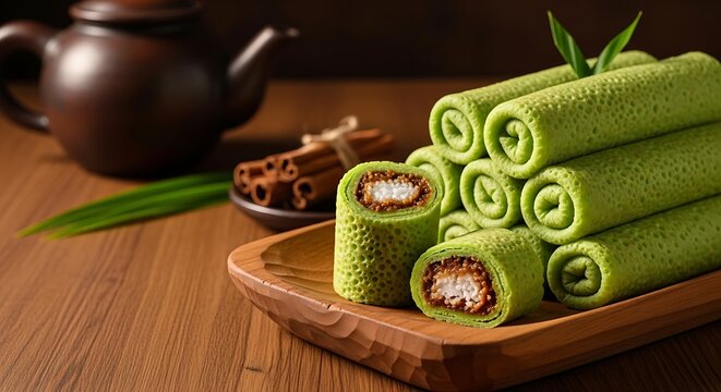 Kue rol pandan isi kelapa muda di atas nampan kayu untuk sajian tradisional Indonesia