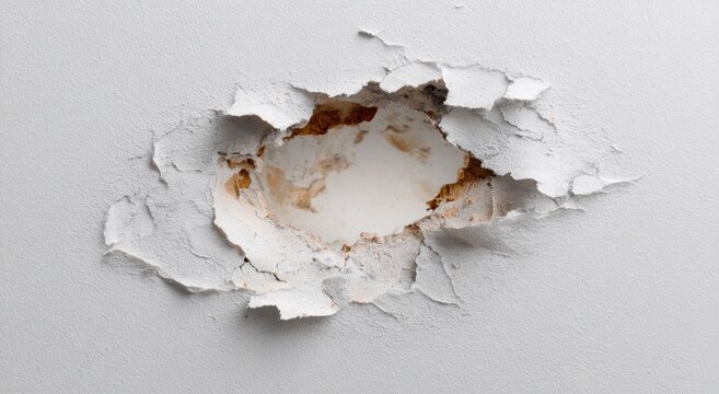A close-up view reveals a damaged wall with peeling paint and exposed underlying material.
