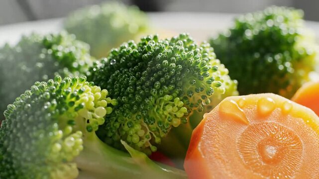 Fresh broccoli and carrot slices close-up showcasing vibrant colors and textures in a natural kitchen setting
