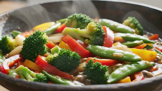 Colorful stir-fried vegetable medley sizzling in a hot pan showcasing fresh broccoli bell peppers and green beans in a vibrant