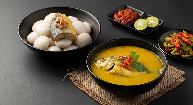 Menu hidangan khas Indonesia dengan ikan kuah kuning dan lontal, sambal, dan lalapan segar