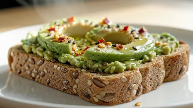 Close-up of toasted multigrain bread topped with creamy avocado slices garnished with chili flakes and various seeds on a white