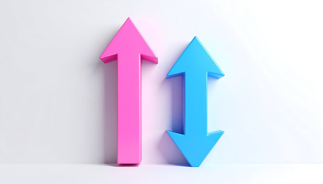 A minimalist studio shot features a vibrant pink arrow pointing upwards and a complementary blue arrow pointing downwards, symbolizing opposing forces or directions against a clean white background.