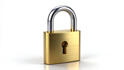Naklejka premium A gleaming gold padlock rests on a white surface, symbolizing security and protection with its polished metallic sheen.