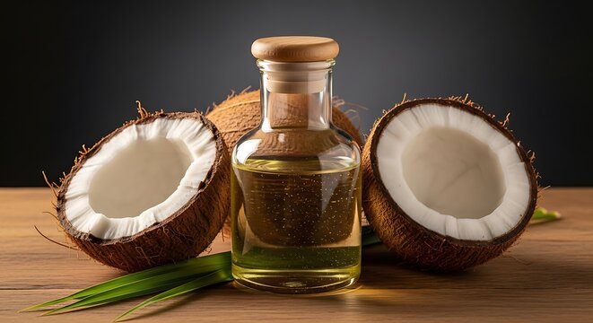 Minyak kelapa alami dengan dua kelapa paruh terbuka dan botol kecil di atas papan kayu