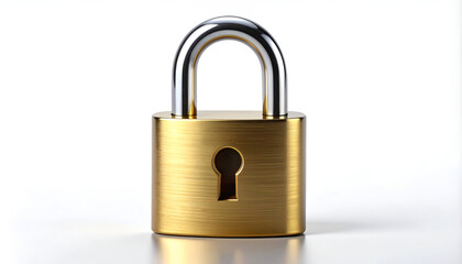 Fototapeta premium A gleaming gold padlock rests on a reflective white surface, symbolizing security and protection against potential threats.