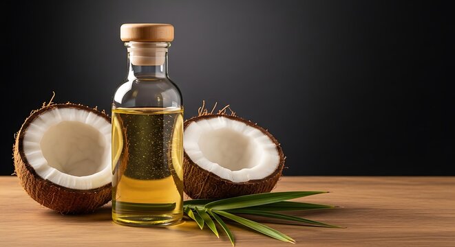 Minyak kelapa murni di botol kecil dengan buah kelapa segar di latar belakang